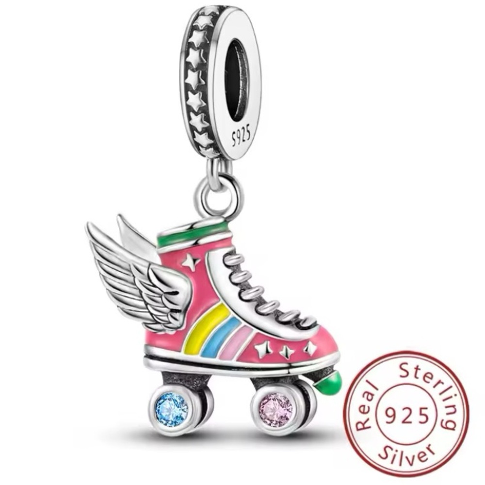 925 Sterling Silver Colorful Roller Skate Charm Pendant with Wings - Picture 6 of 14